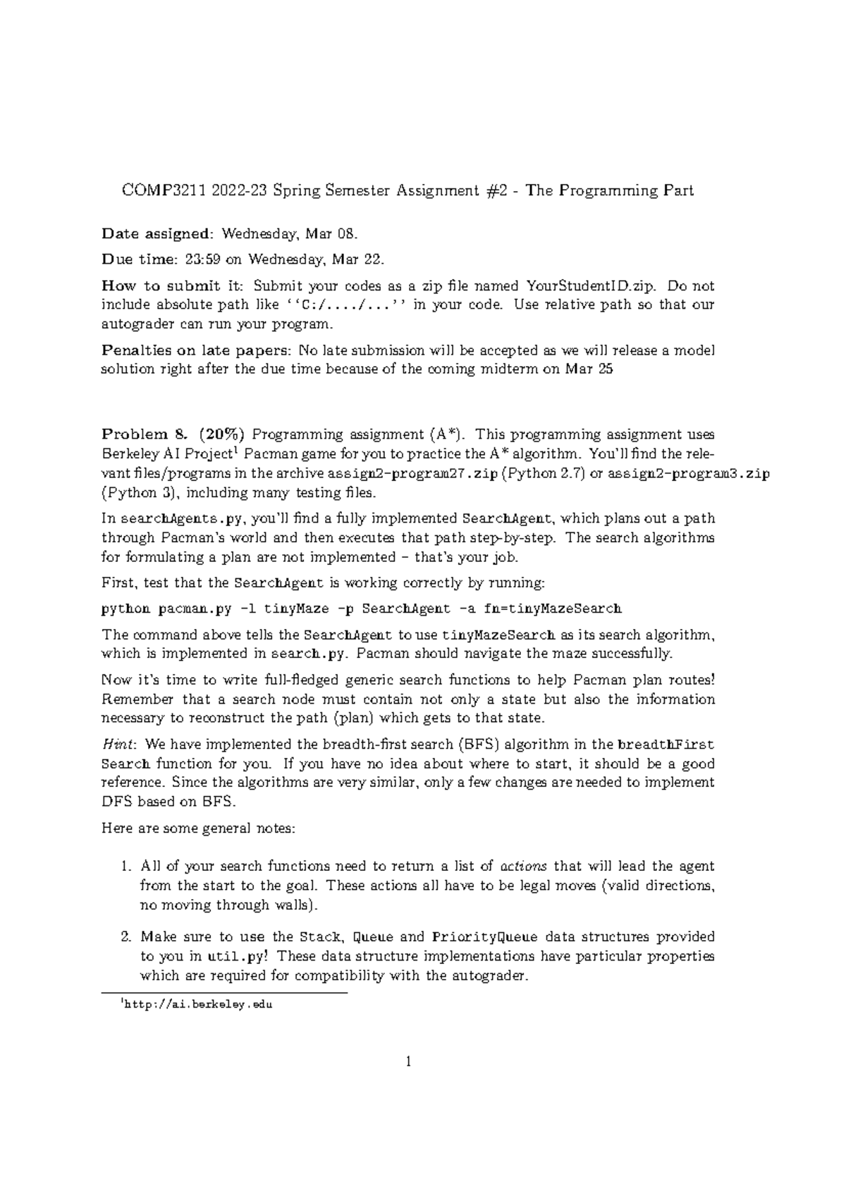 COMP3211 Assignment #2: Programming with A* Algorithm in Pacman - Studocu