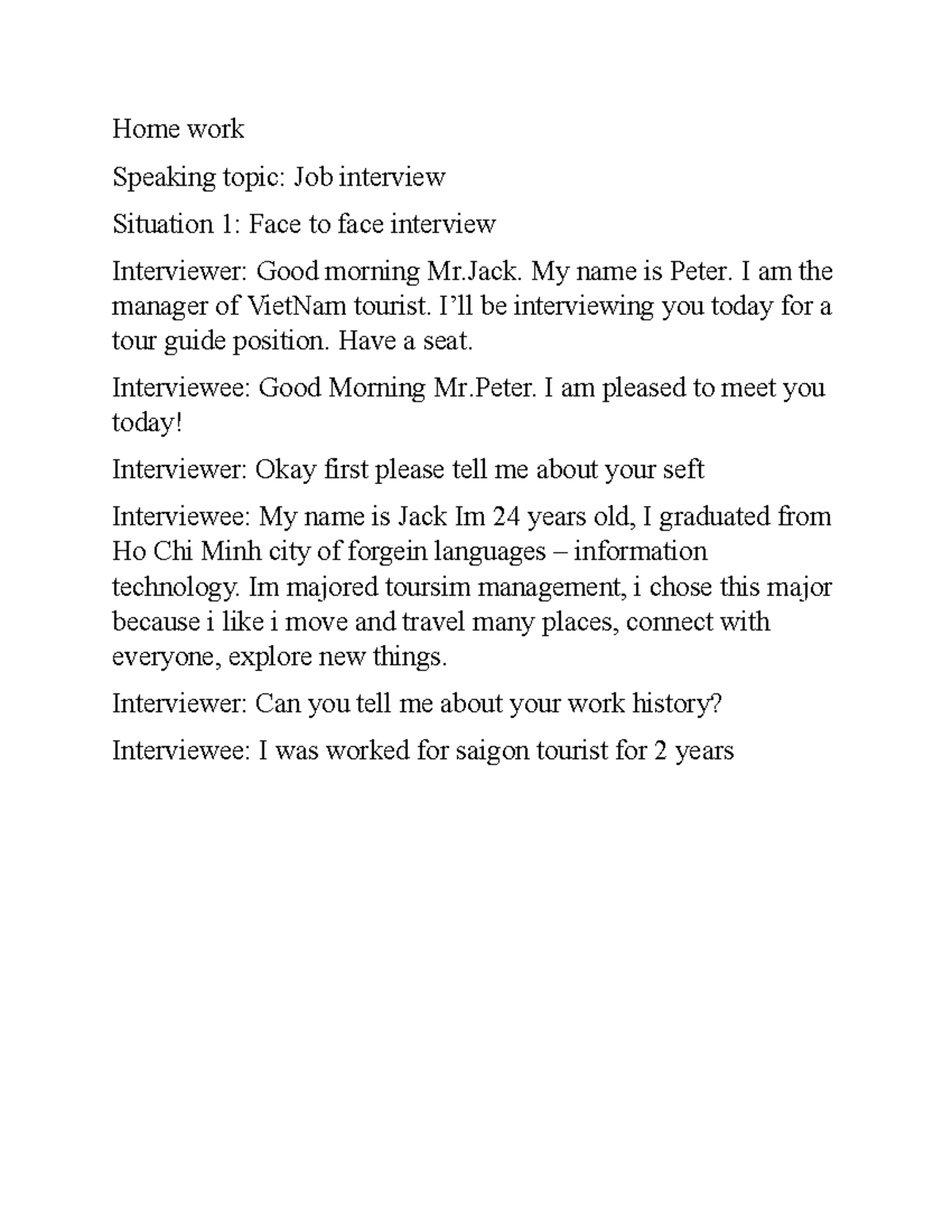 Job Interview Speaking Practice - Homework - Studocu