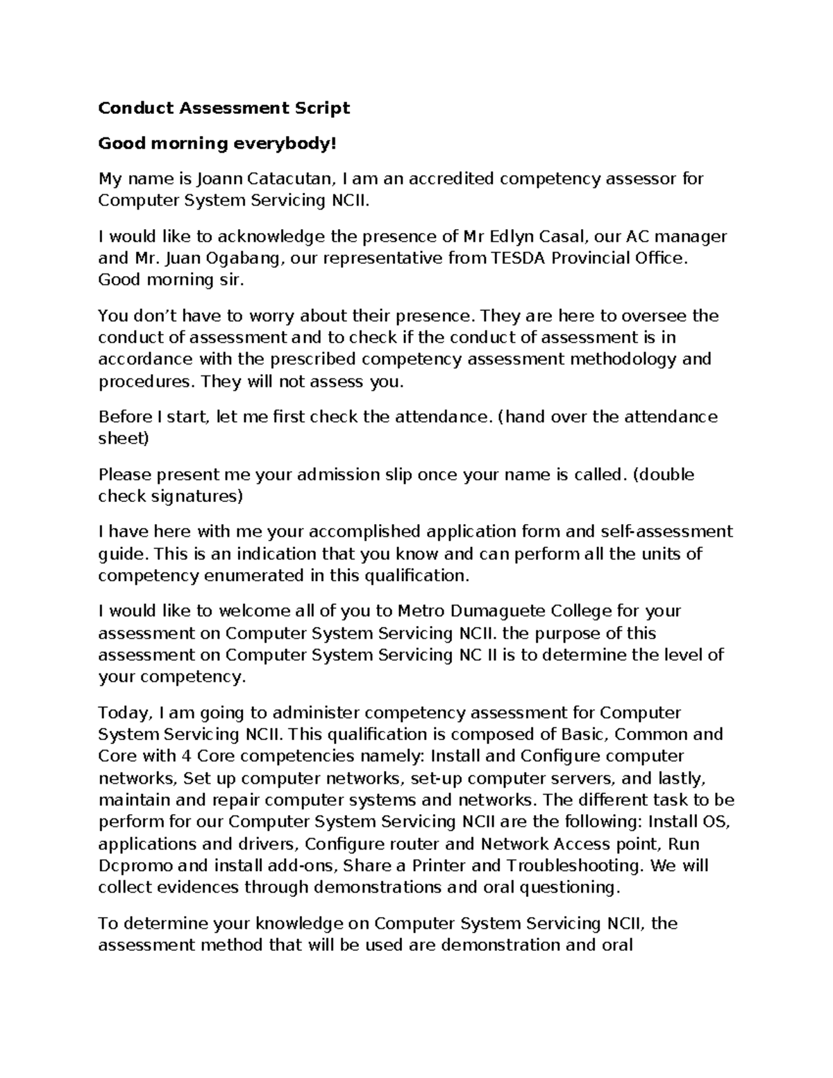 Conduct Assessment Script for Computer System Servicing NCII - Studocu