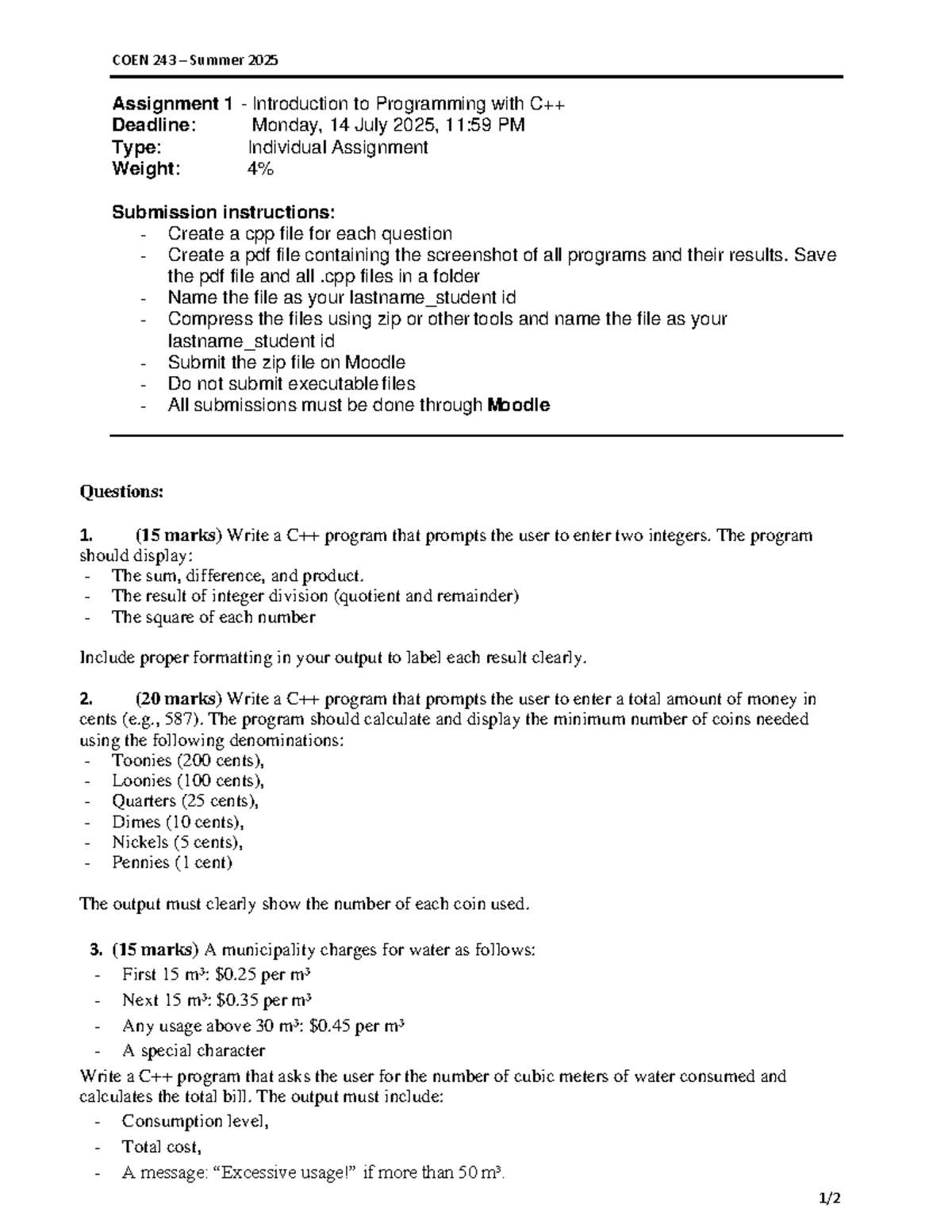 COEN 243 Summer 2025 Assignment 1: Intro to Programming Tasks - Studocu