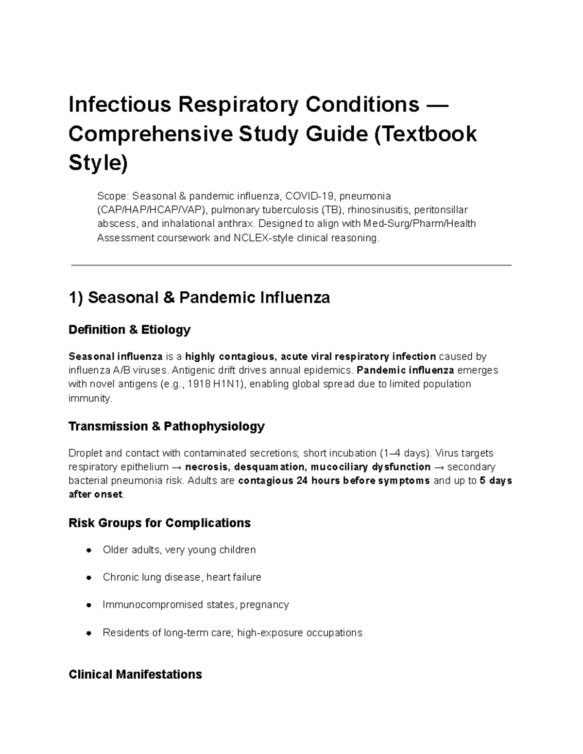 Infectious Respiratory Conditions Study Guide (NURS 101) - Studocu