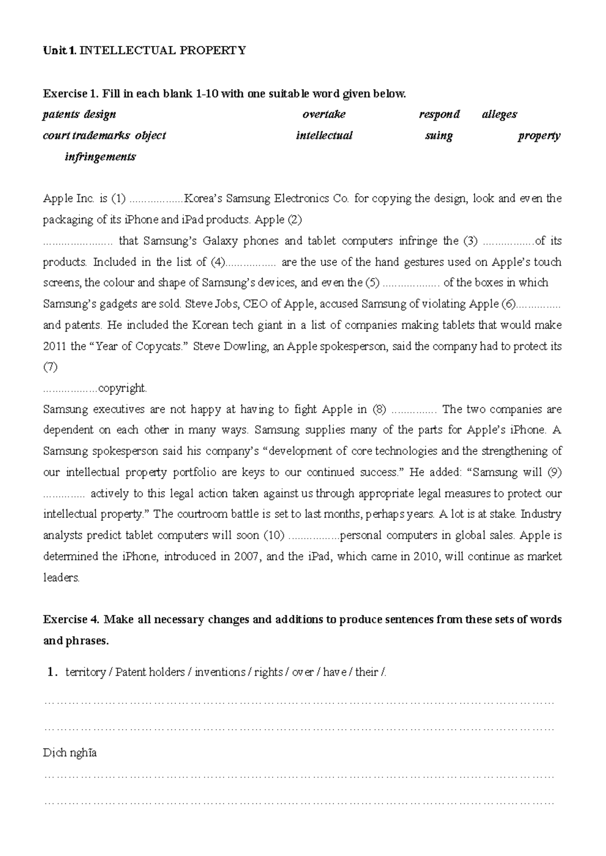 ÔN TẬP T - UNIT 1: INTELLECTUAL PROPERTY EXERCISES AND TRANSLATIONS ...