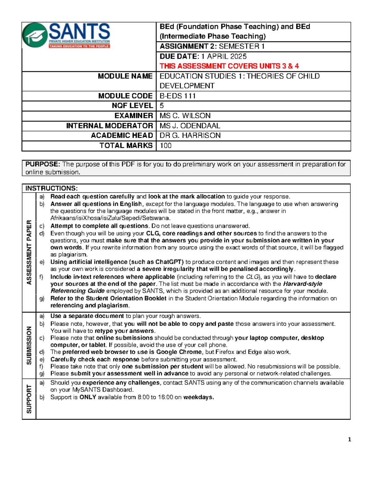 BEd (Foundation & Intermediate Phase Teaching) Assignment 2: Units 3 ...