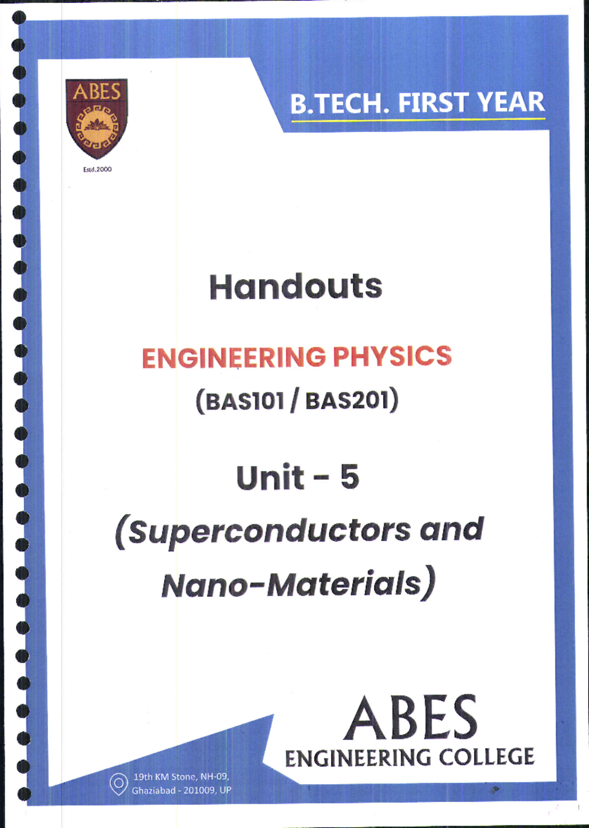 B.TECH. 1st Year Engineering Physics Handouts: Unit 5 - Superconductors ...