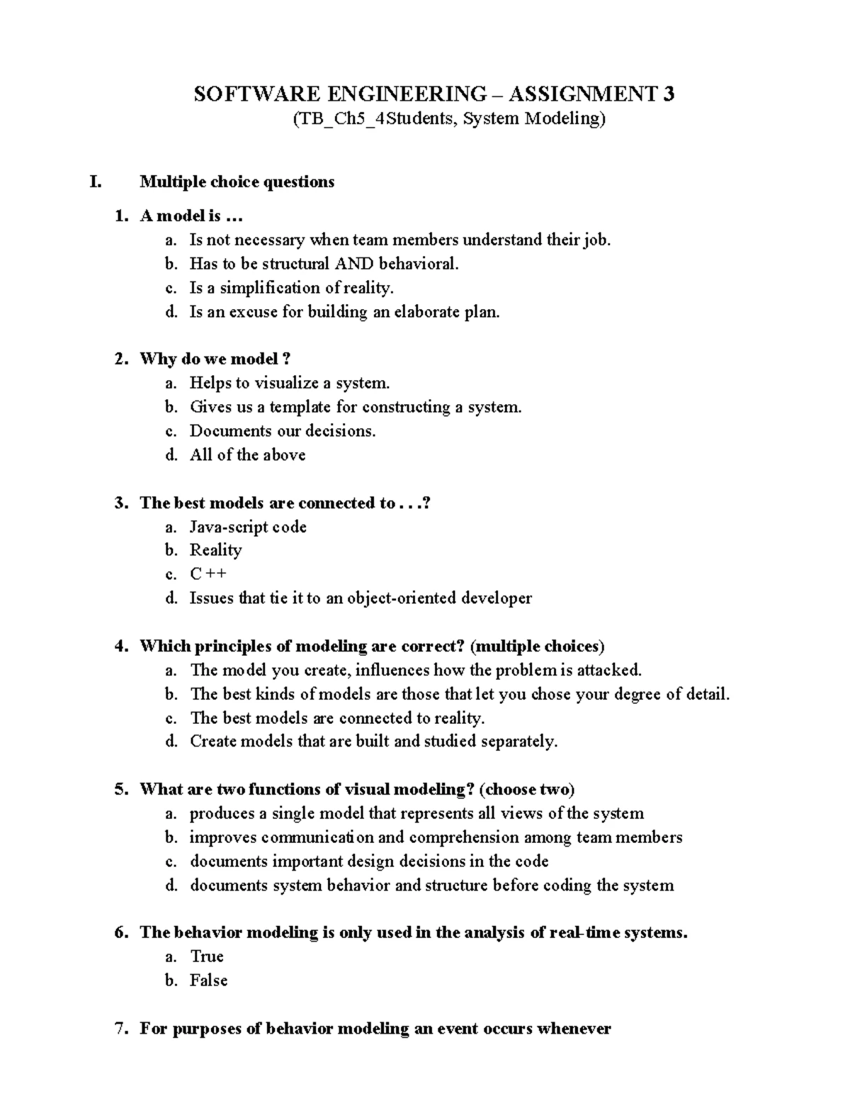 SOFTWARE ENGINEERING TEST 1 (60 min) - Multiple Choice Questions - Studocu