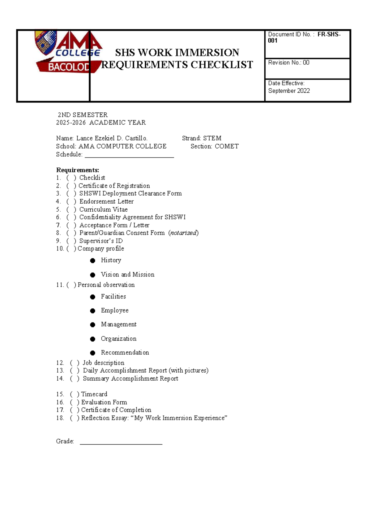 SHS Work Immersion Requirements Checklist - 2nd Sem AY 2022 - Studocu