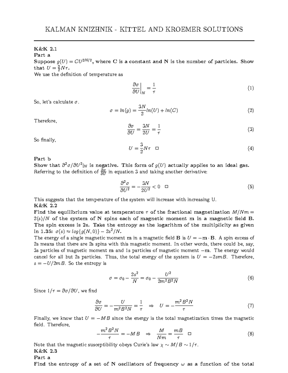 Some Kittel Solutions - KALMAN KNIZHNIK - KITTEL AND KROEMER SOLUTIONS ...