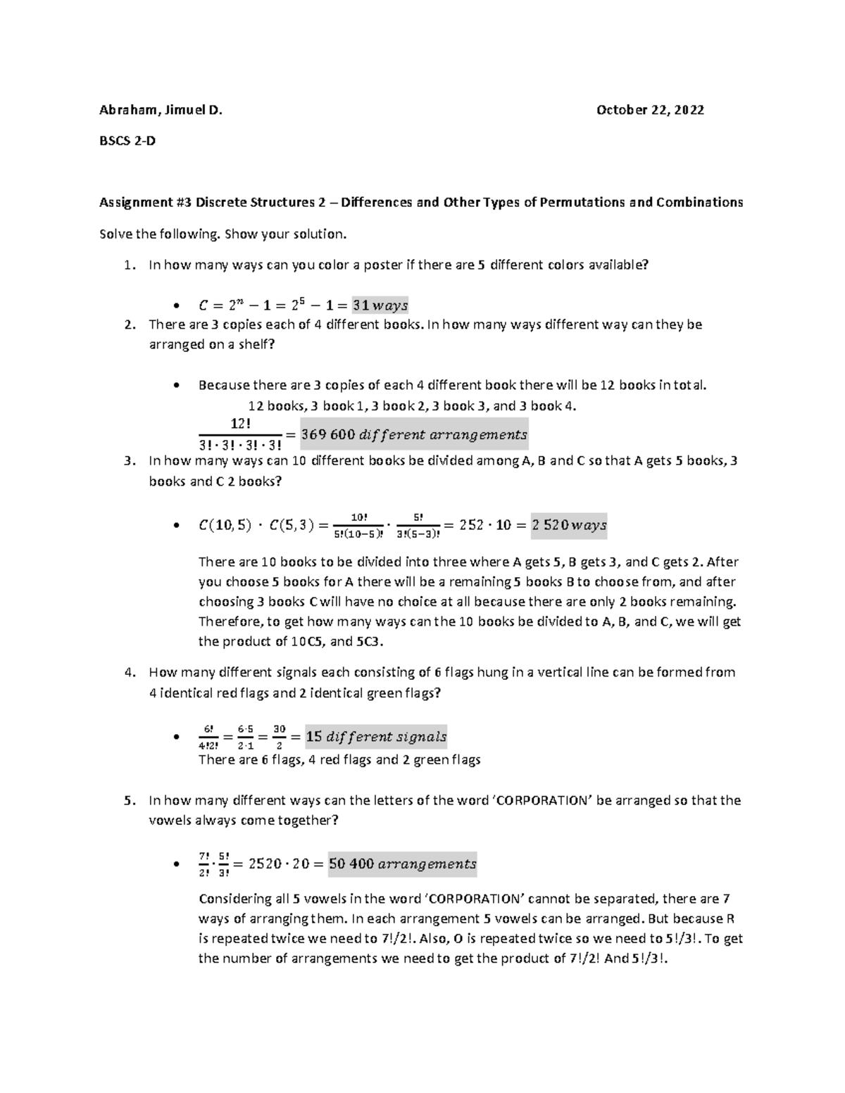 BSCS 2-D Assignment #3: Types of Permutations & Combinations - Studocu