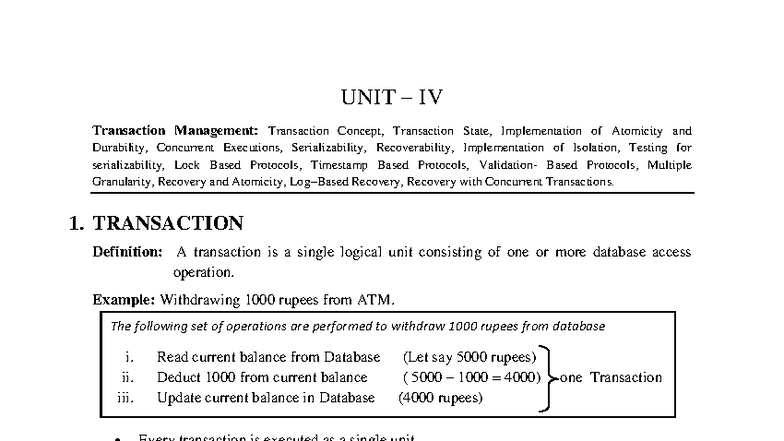 DBMS R18 Unit IV Notes: Transaction Management Concepts and Protocols ...