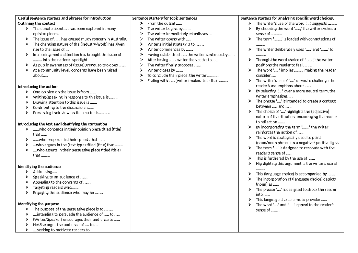 Useful Sentence Starters and Phrases for Introductory Context - Studocu