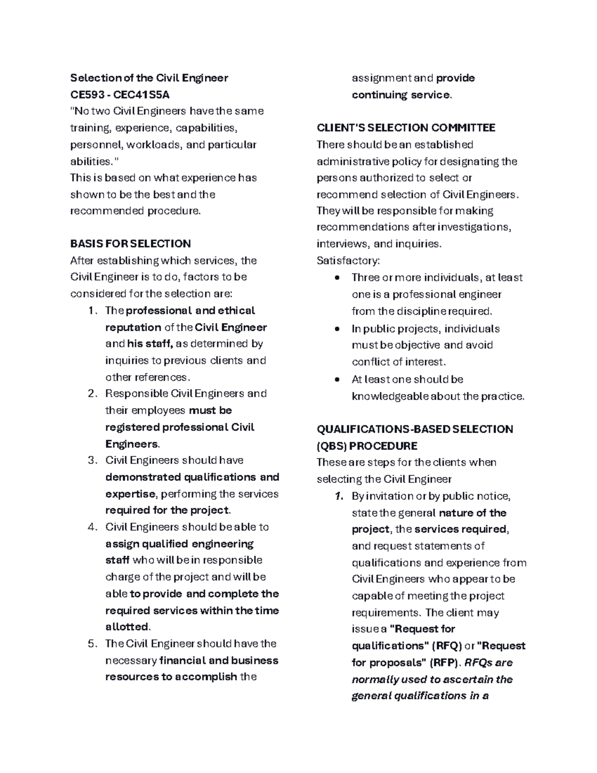 CE593 - Civil Engineer Selection and Qualifications Guide - Studocu