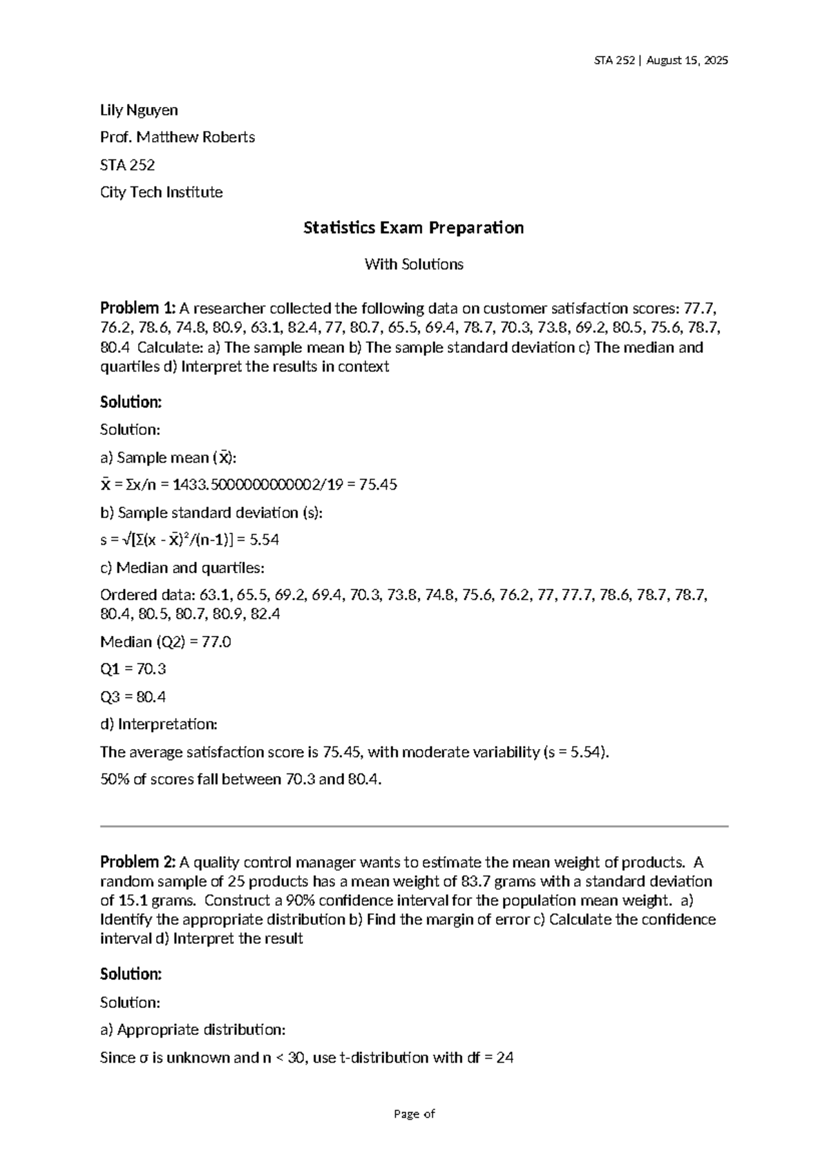 STA 252 Statistics Exam Prep: Solutions & Interpretations - Studocu