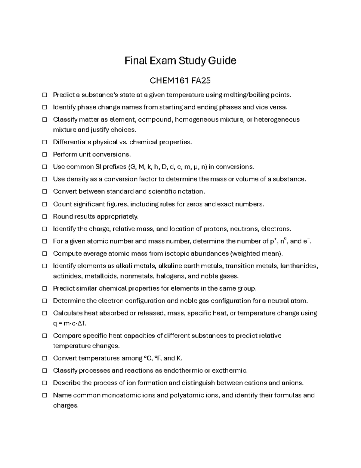 Final Exam Study Guide CHEM161 FA25 - Studocu