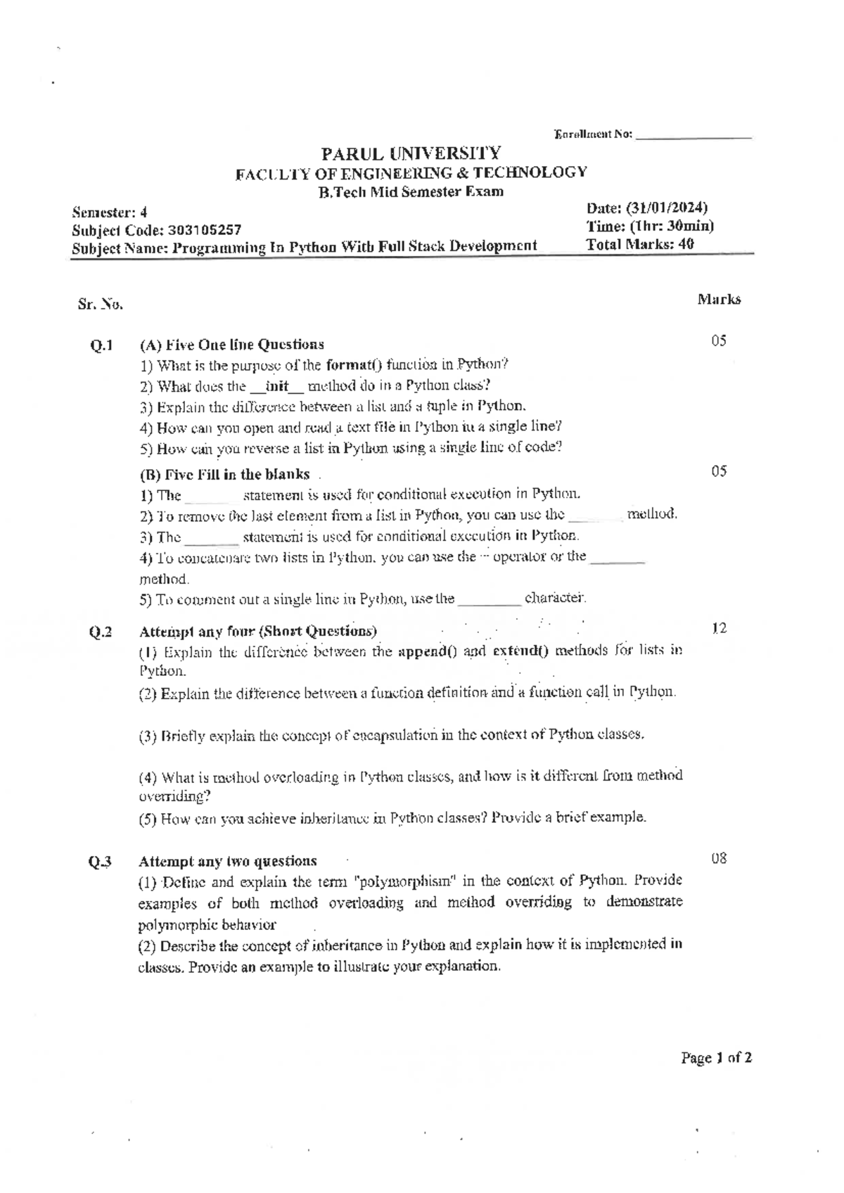 B.Tech 303105257 Mid Sem Exam: Programming in Python & Full Stack Dev ...