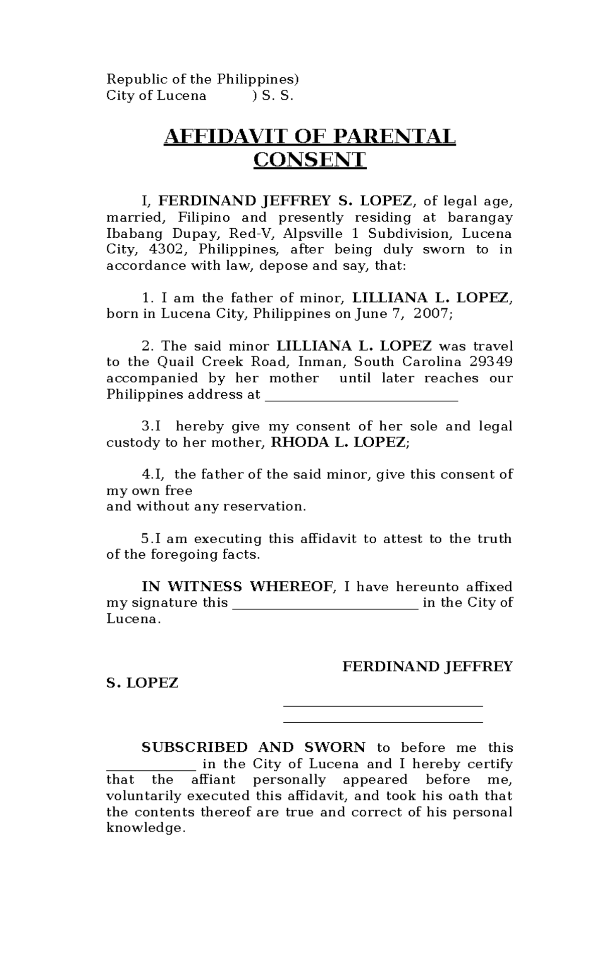 Affidavit OF Parental Consent - Republic of the Philippines) City of ...
