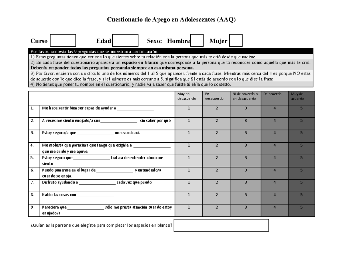 Cuestionario de Apego en Adolescentes - TEST AAQApego - Document Preview