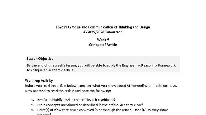 ES2631 Week 9 Tutorial: Critique of AI Inbreeding Article - Studocu