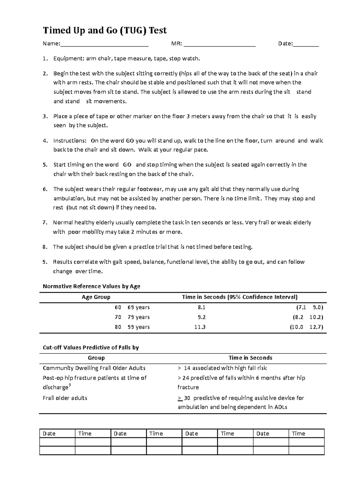 Timed Up and Go (TUG) Test with Norms: Assessment Guide - Studocu