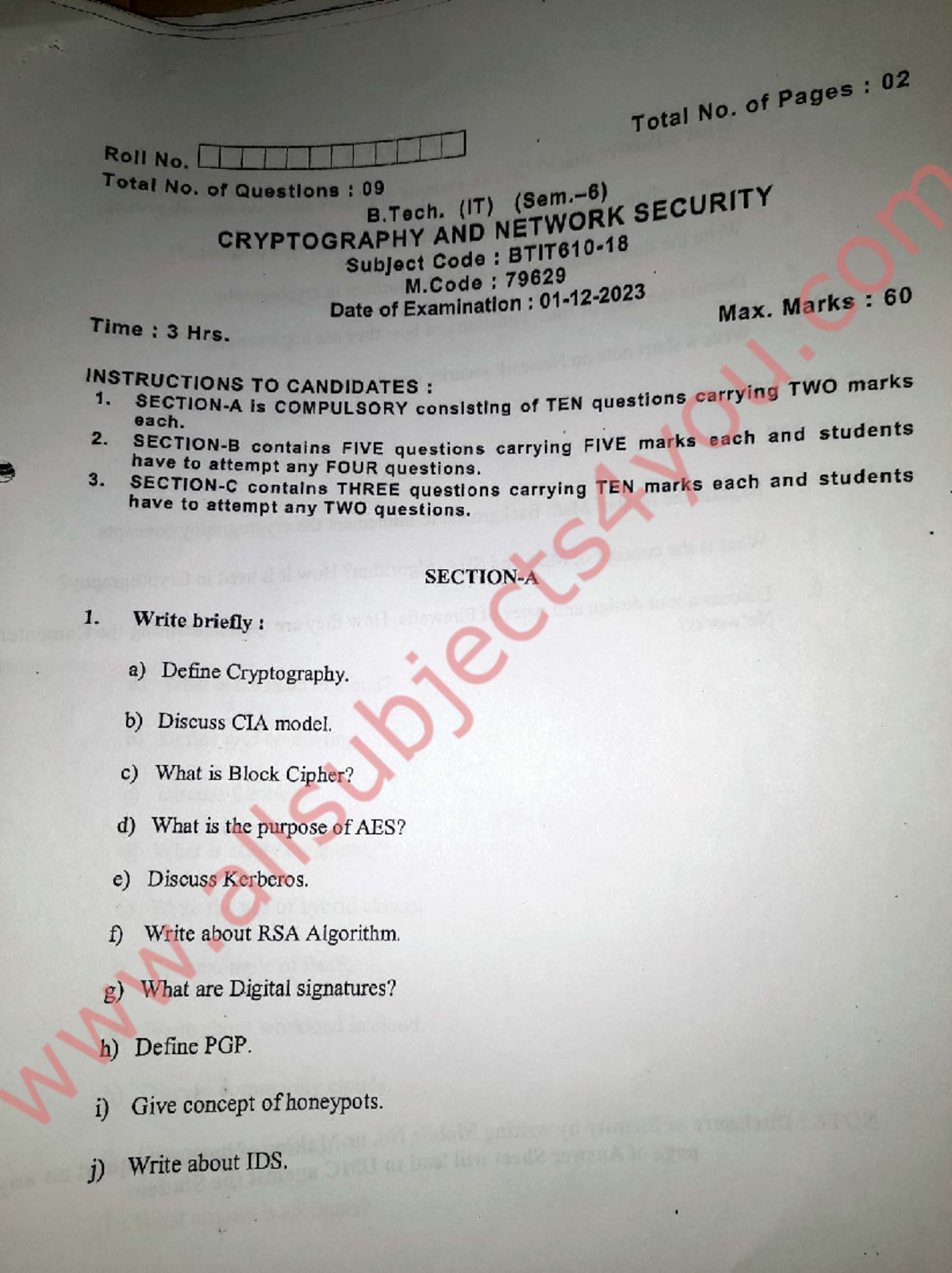 B.Tech 09 (IT) Security Network Cryptography Exam Notes - Code: 79629 ...