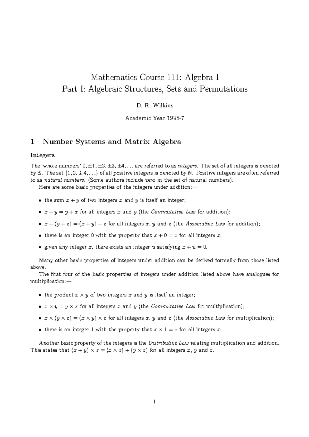 Mathematics 111: Algebra I Lecture Notes on Structures and Functions ...