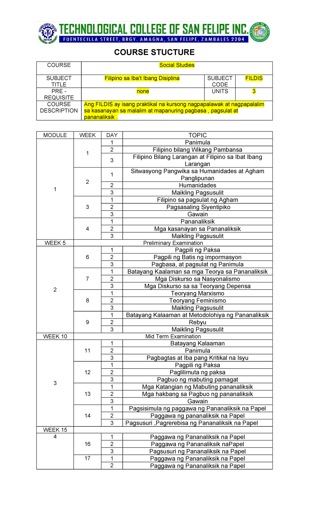 Course Structure Overview for FILDIS: Filipino sa Iba’t Ibang Disiplina ...
