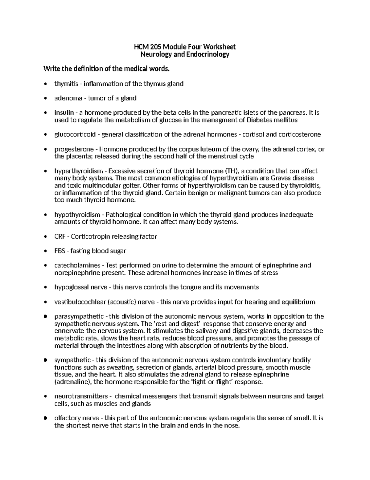 HCM 205 Module Four Worksheet - HCM 205 Module Four Worksheet Neurology ...