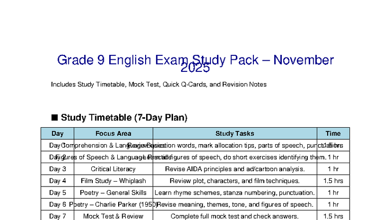 Grade 9 English Exam Study Pack Nov 2025: Timetable & Revision Notes ...
