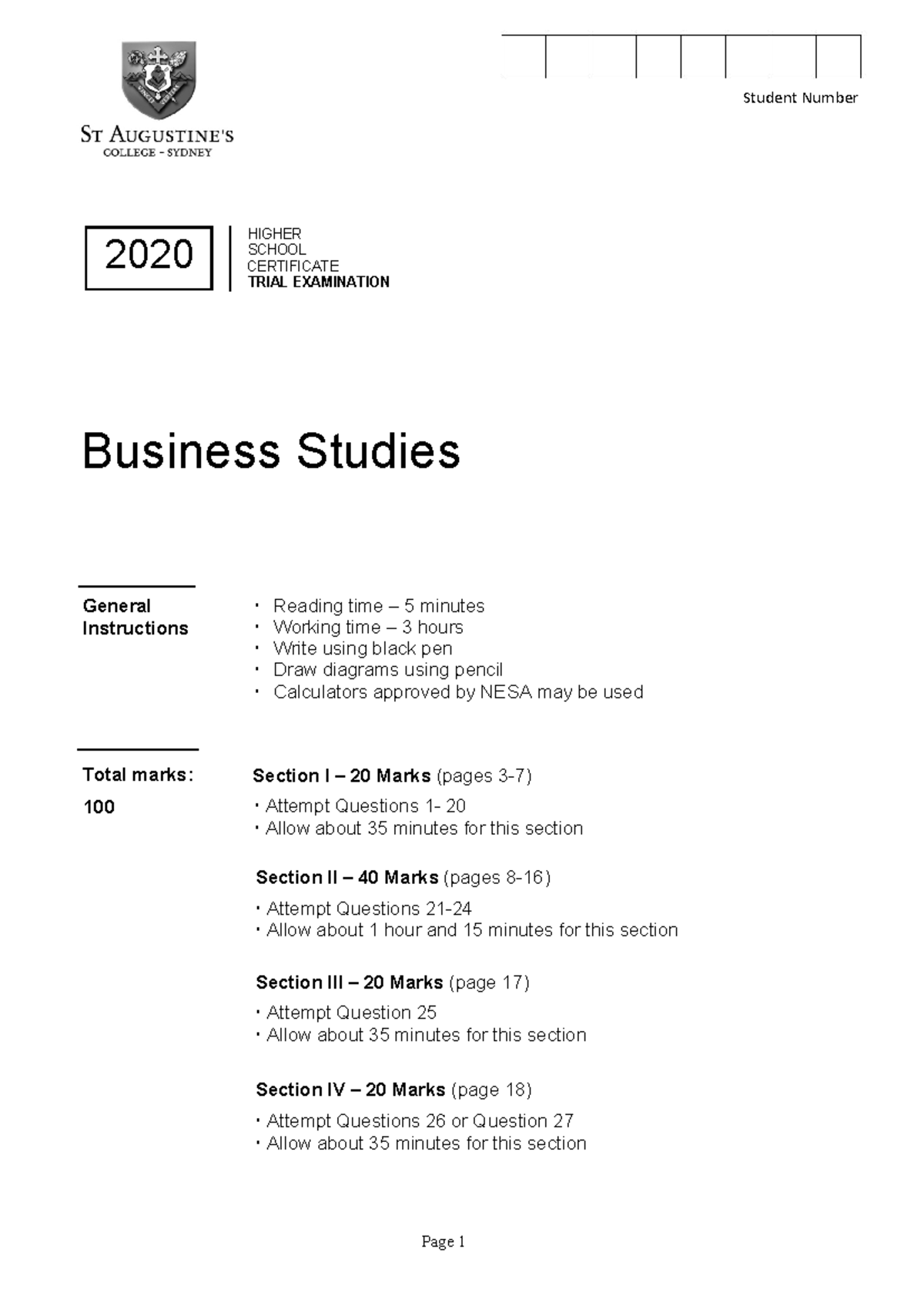 2020 HSC Business Studies Trial Exam Questions and Guidelines - Studocu