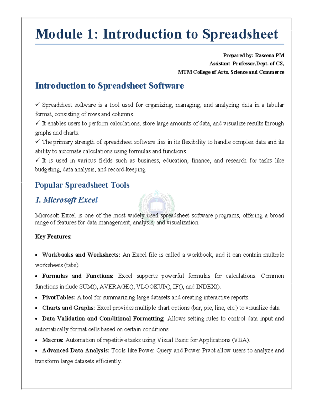 Module 1: Intro to Spreadsheet Software - Key Features & Functions ...