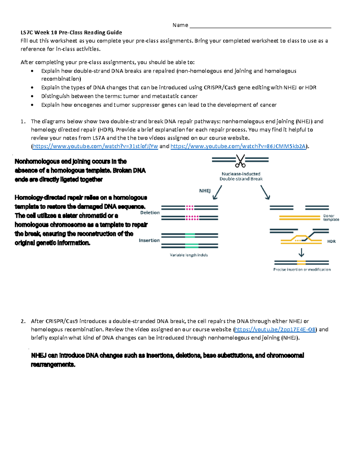 LS7C Week 10 Pre-Class Reading Guide: DNA Repair & CRISPR Insights ...