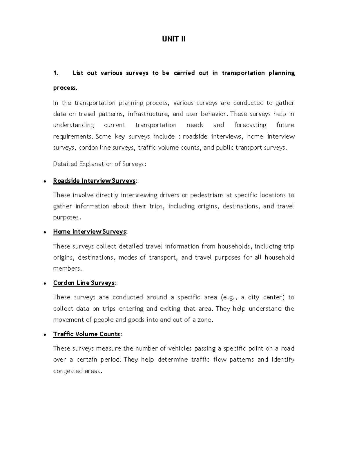 TP Unit II - Transportation Planning - UNIT II 1. List out various ...