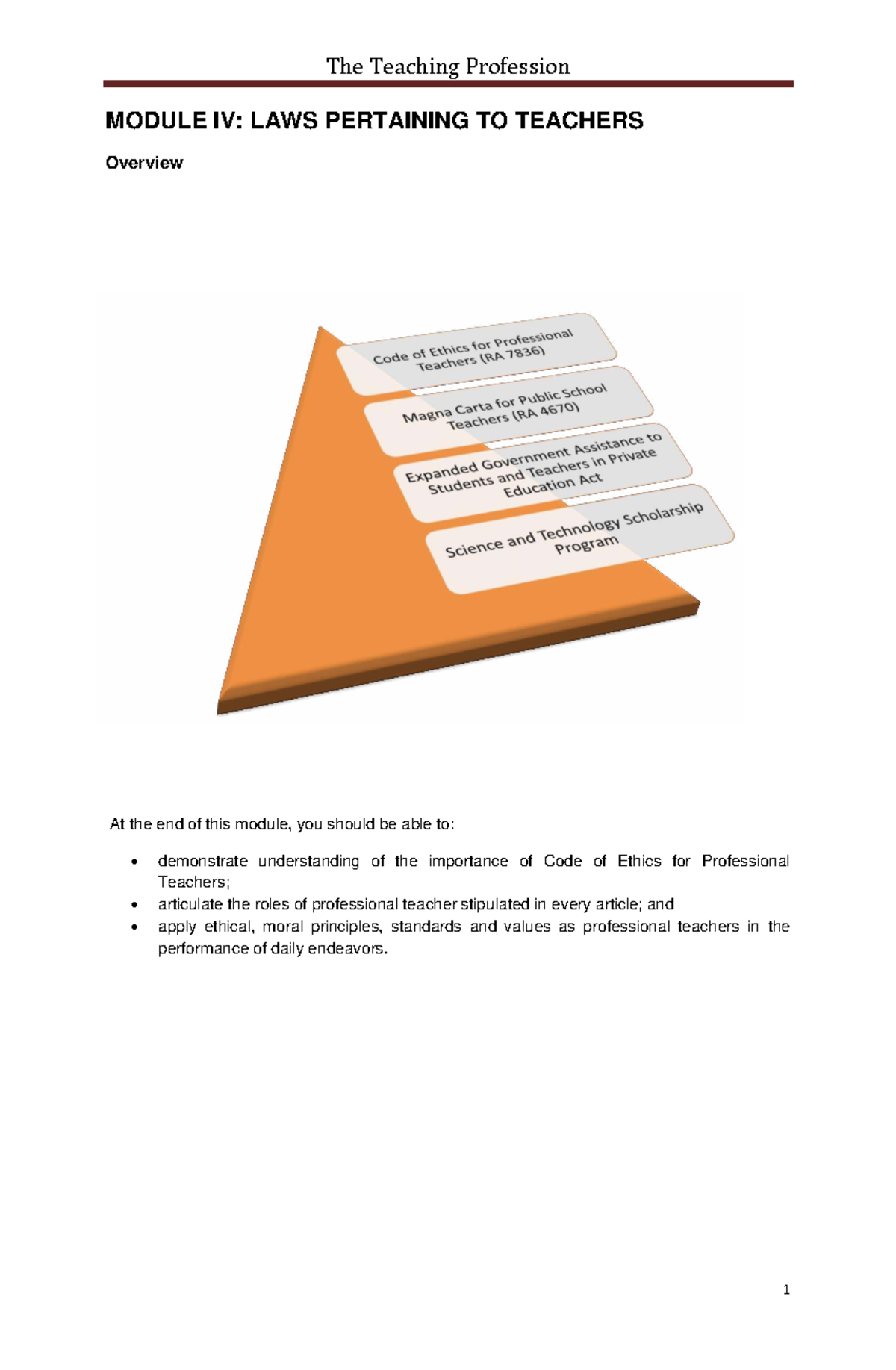 Teaching Profession Module IV: Laws Pertaining to Teachers Overview ...