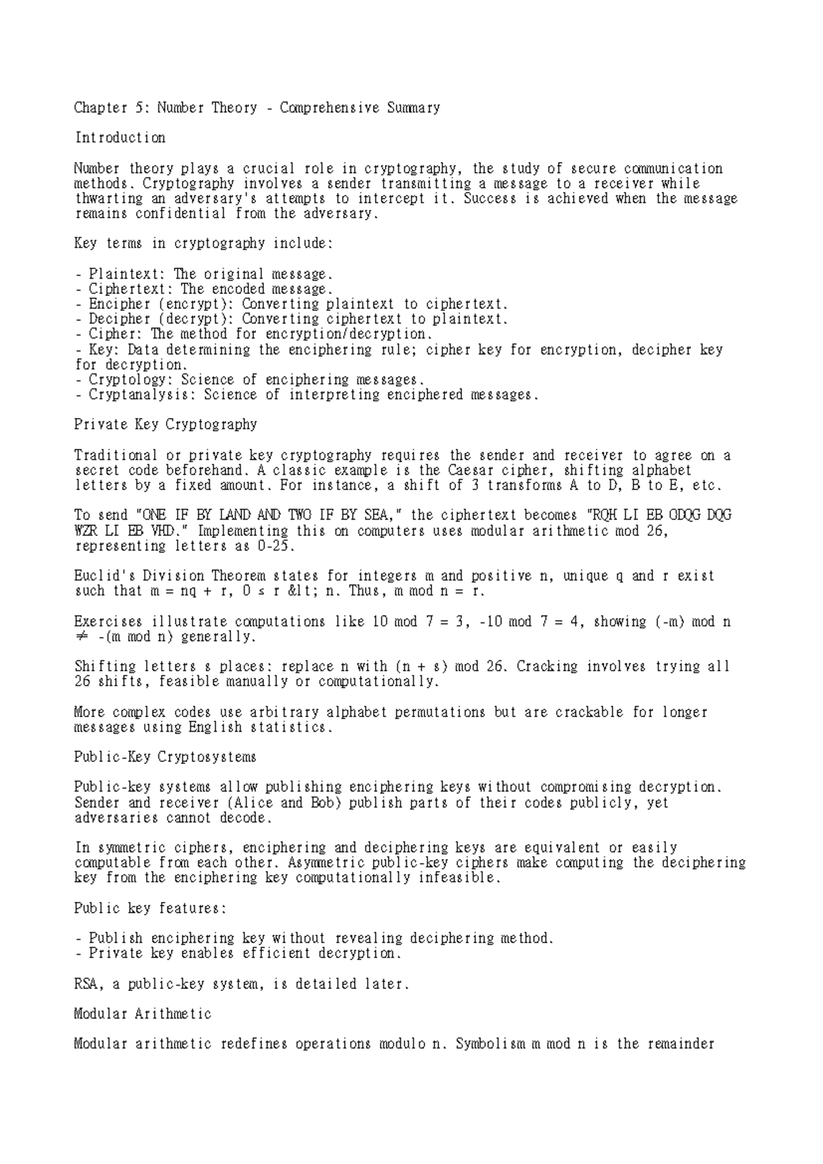 MA2185 Chapter 5: Comprehensive Summary on Number Theory - Studocu