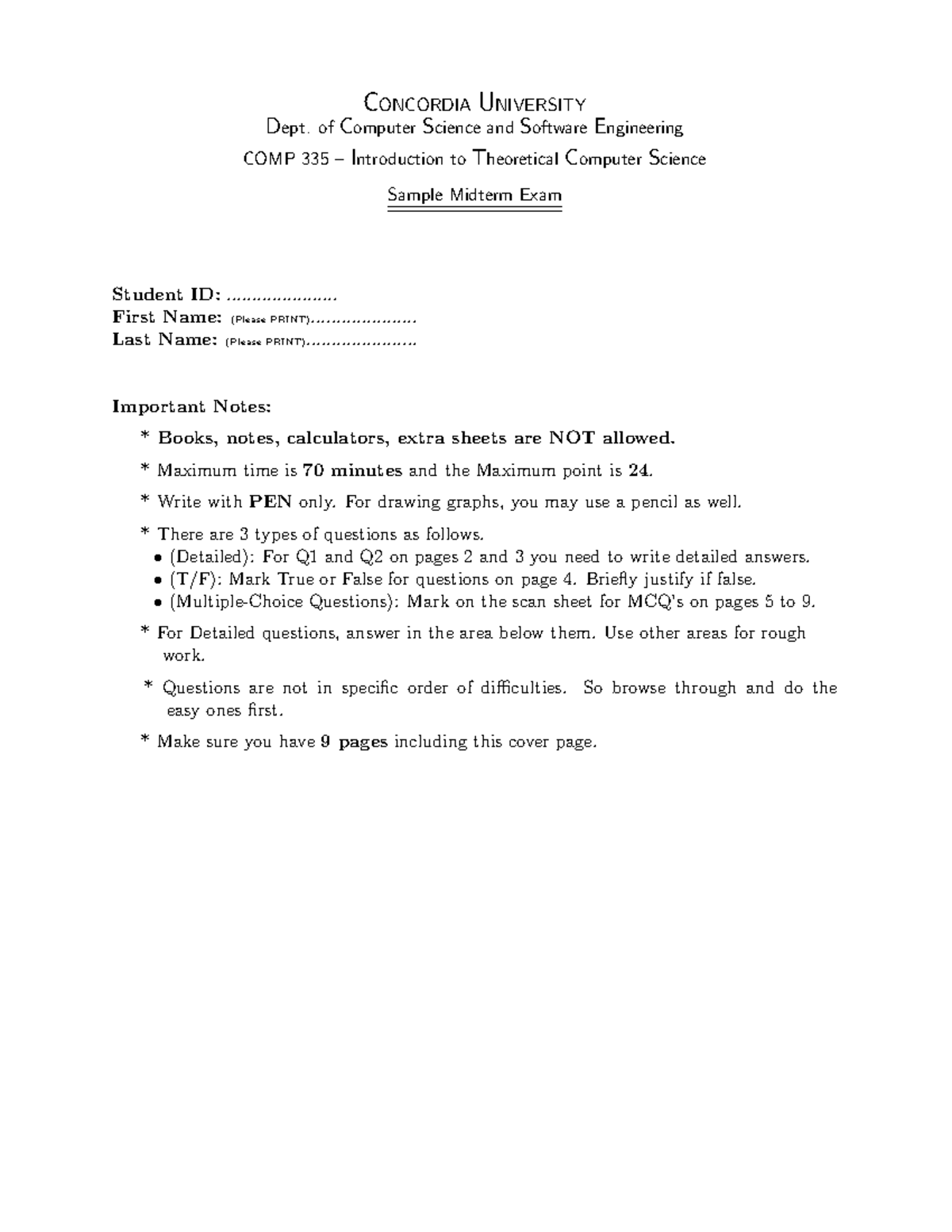 COMP 335 Sample Midterm Exam - Intro to Theoretical Computer Science ...
