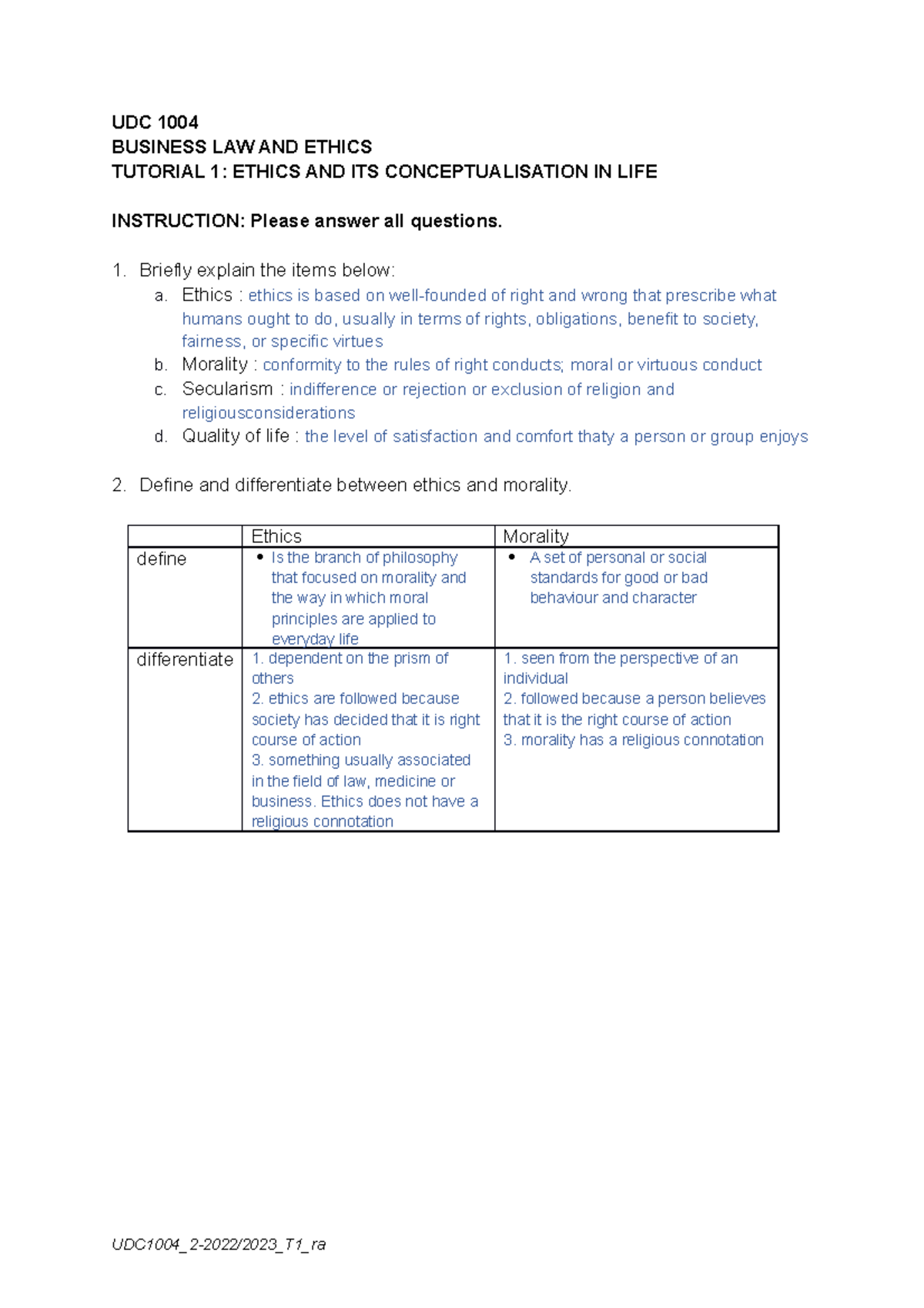 UDC 1004 - Business Law & Ethics Tutorial 1: Ethics Conceptualization ...
