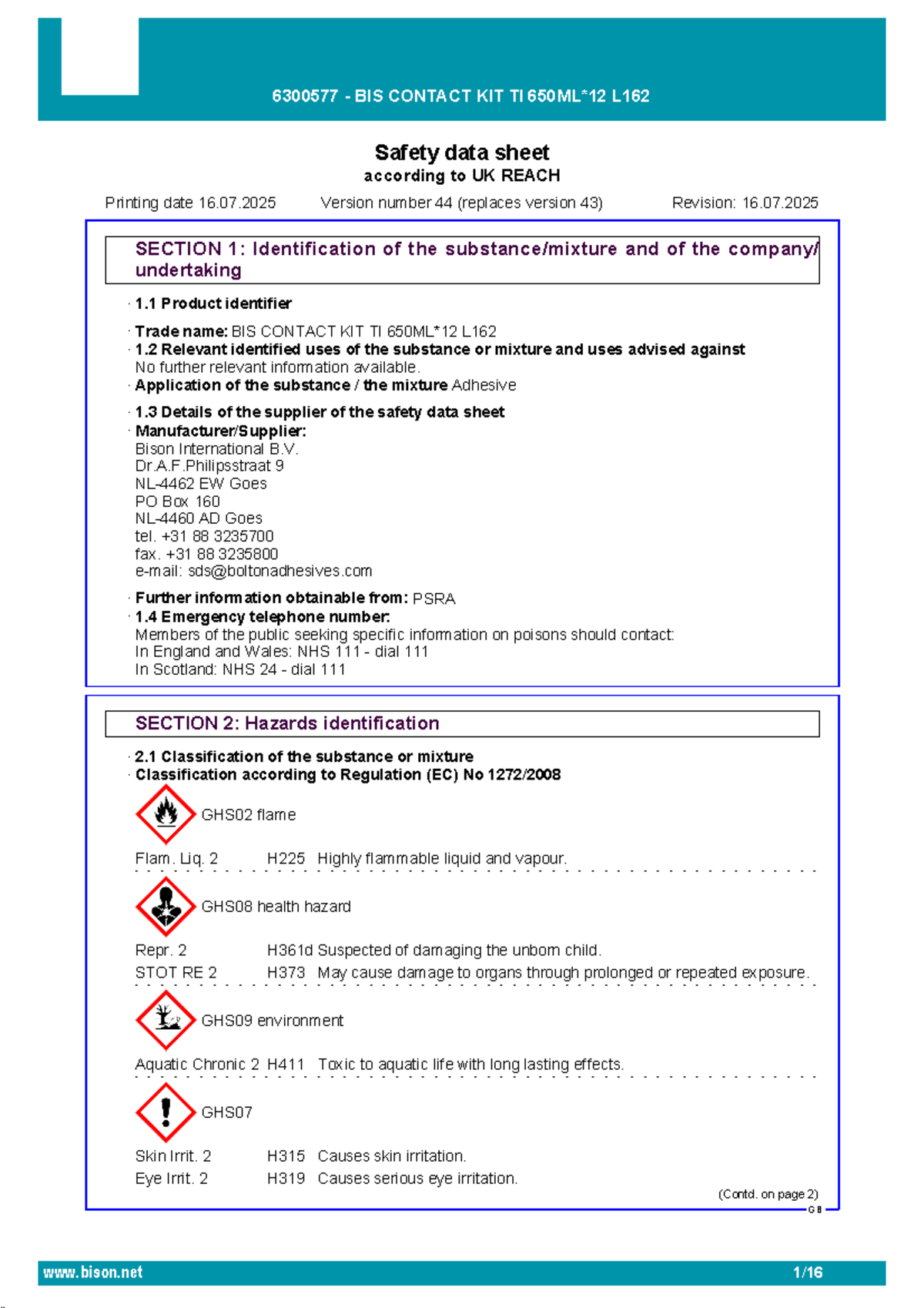 Safety Data Sheet for BIS Bison Kit (Middle CONTACT KIT) TI L162 - Studocu