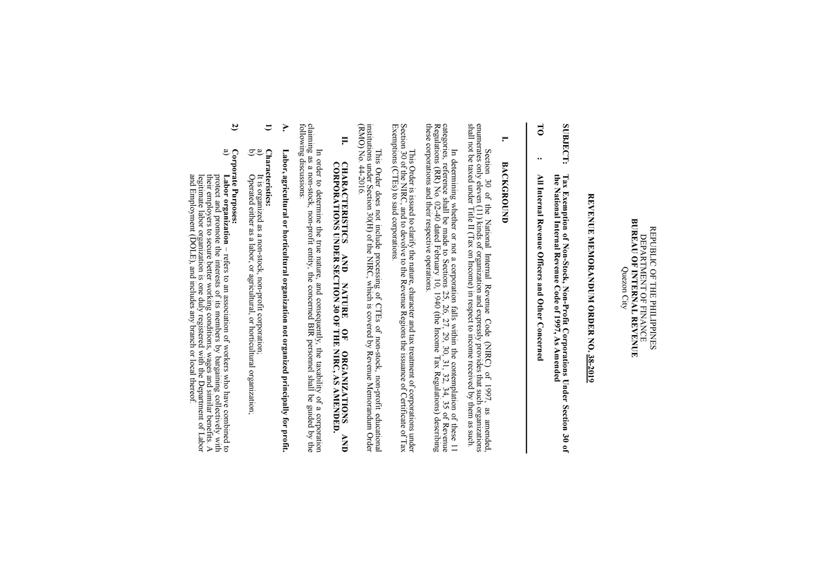 BIR Revenue Memorandum Order: Tax Exemption for Corporations Under Sec ...