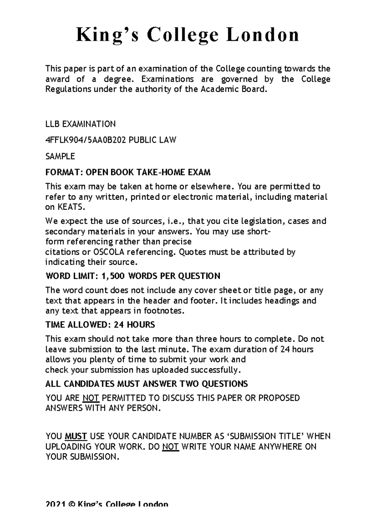 LLB 4FFLK904/5AA0B202 Public Law Sample Exam Paper 2021 - Studocu