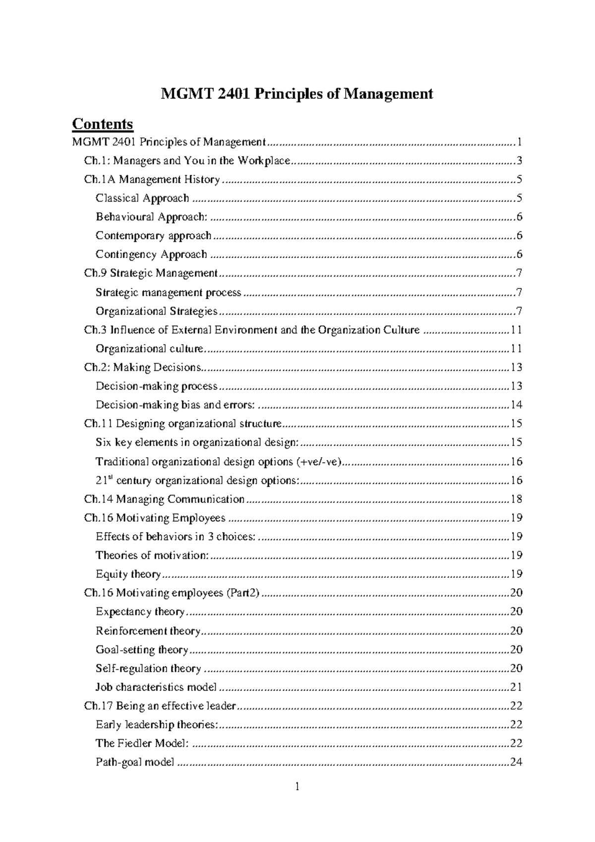 MGMT 2401 Comprehensive Study Notes on Management Principles - Studocu