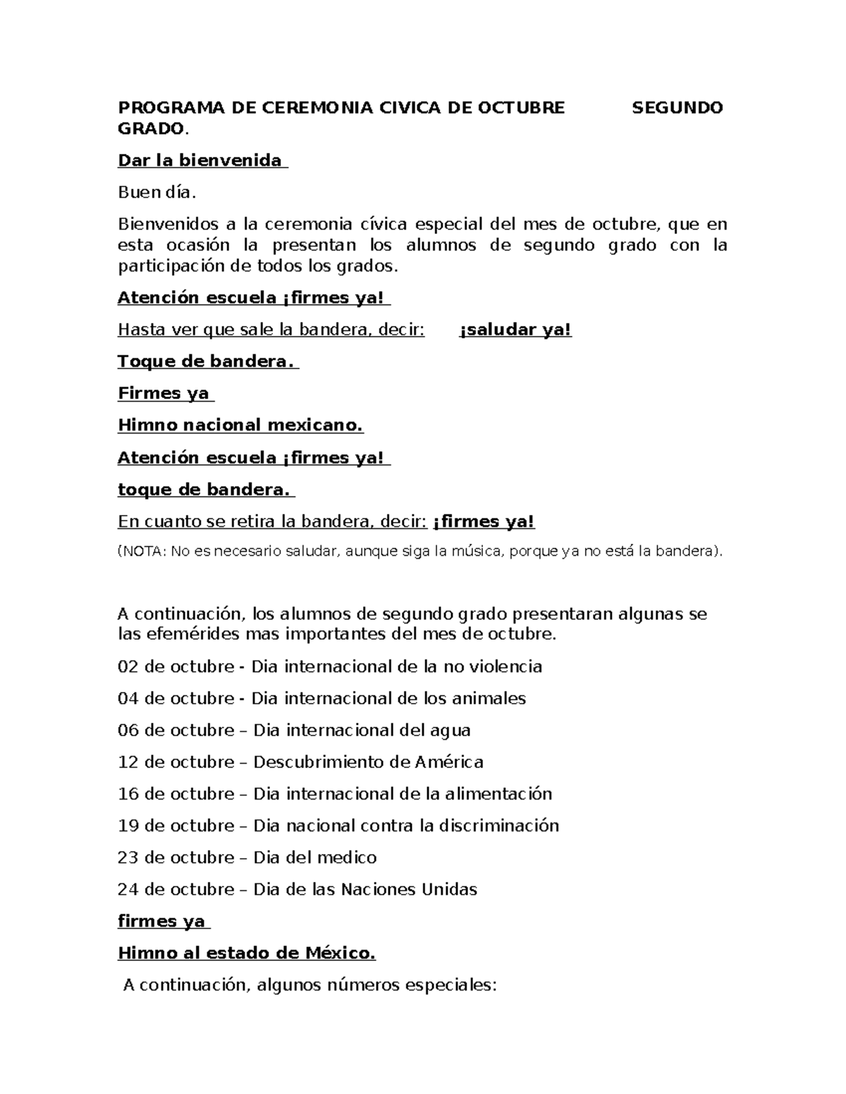 Programa de Ceremonia Cívica de 2° Grado - Octubre - Studocu