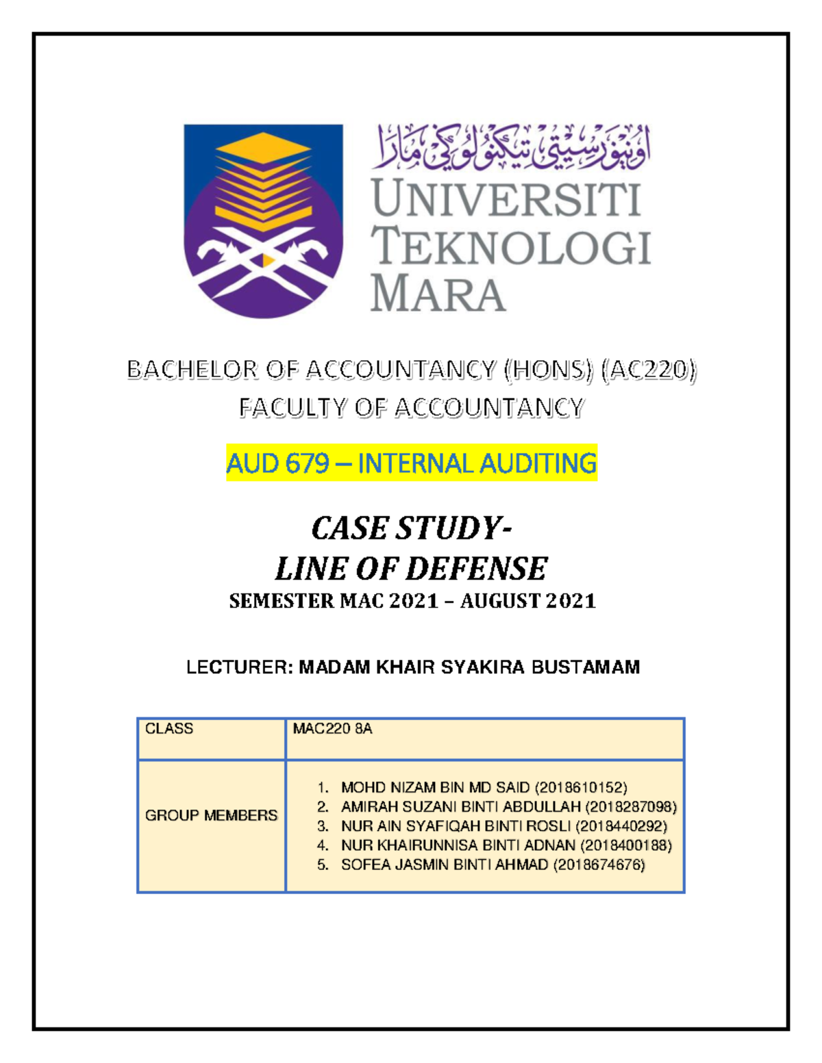 AUD679 - Group Assignment on Line of Defense Case Study - Studocu