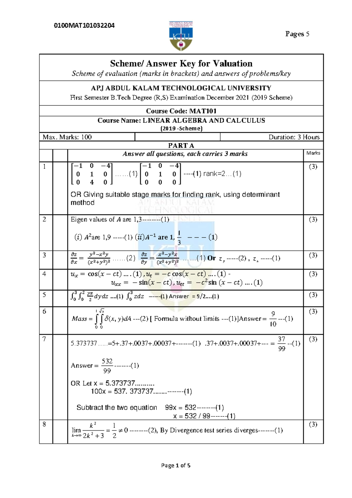MAT101 Final Exam Answer Key for Valuation Scheme - Dec 2021 - Studocu