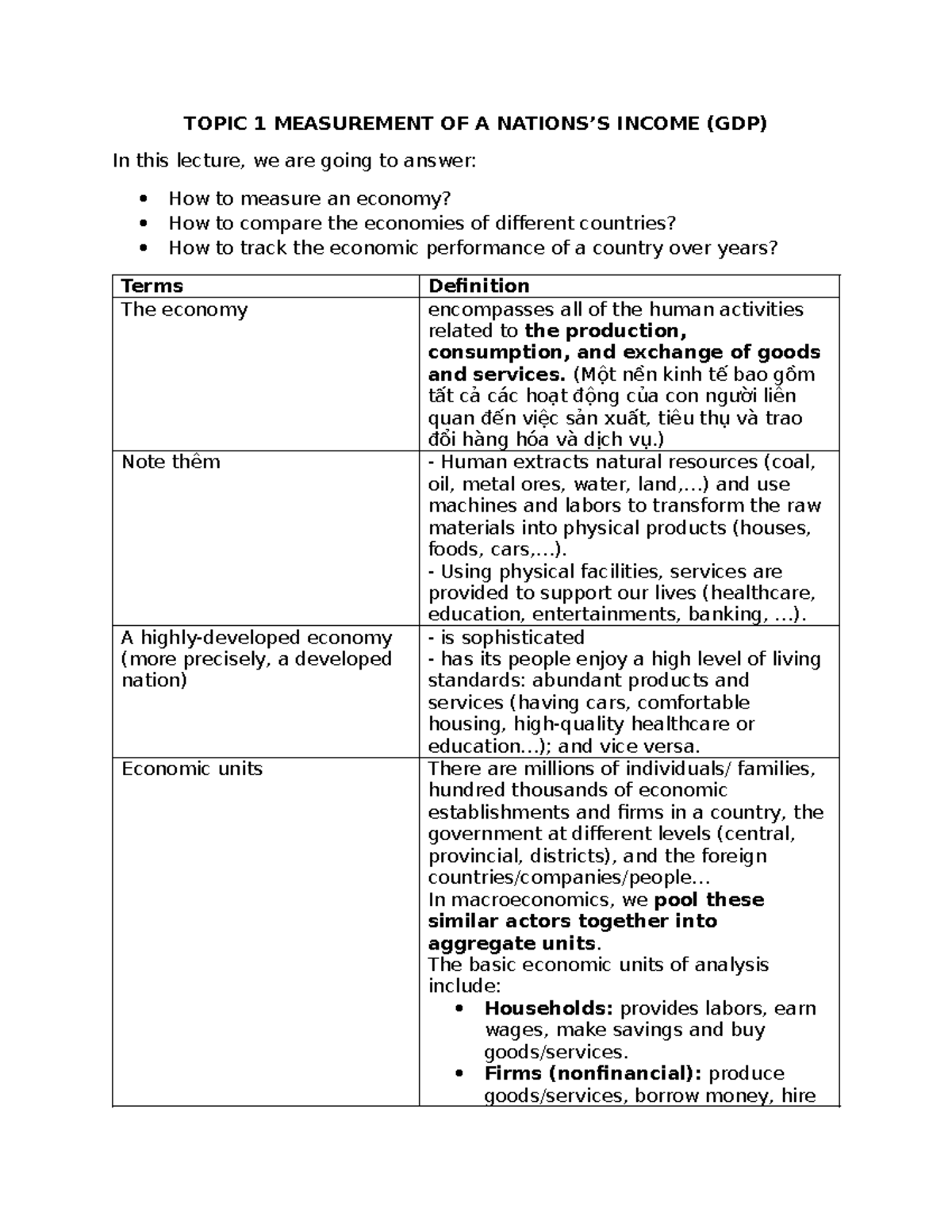 Topic 1: Measurement of a Nation's Income (GDP) - Lecture Notes - Studocu