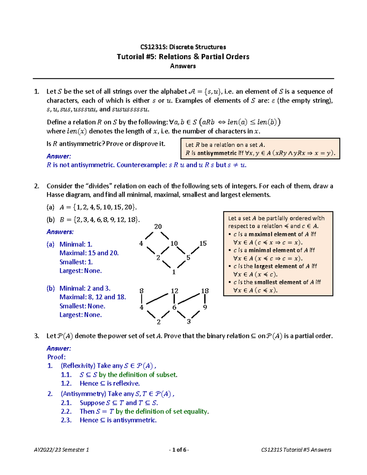 CS1231S: Discrete Structures Tutorial 5 Answers on Relations and Orders ...