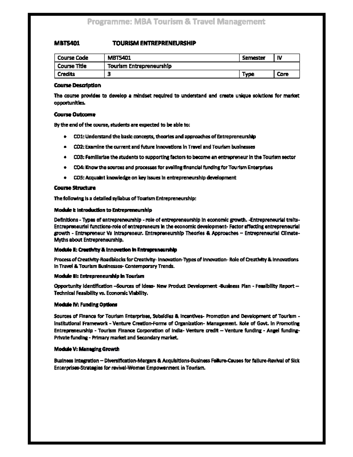 MBA Tourism Entrepreneurship MBT5401 - Course Notes & Overview - Studocu