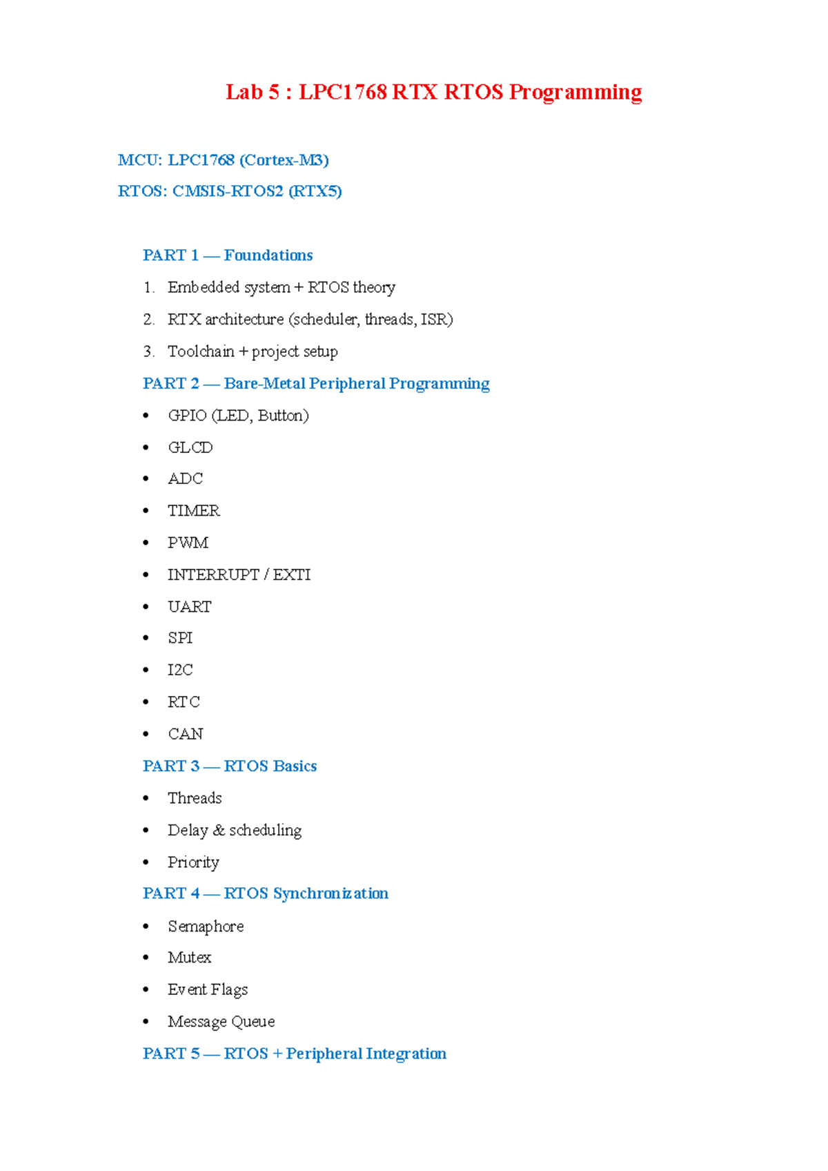 Lab 5: LPC1768 RTX RTOS Programming Lab Manual (Updated) - Studocu