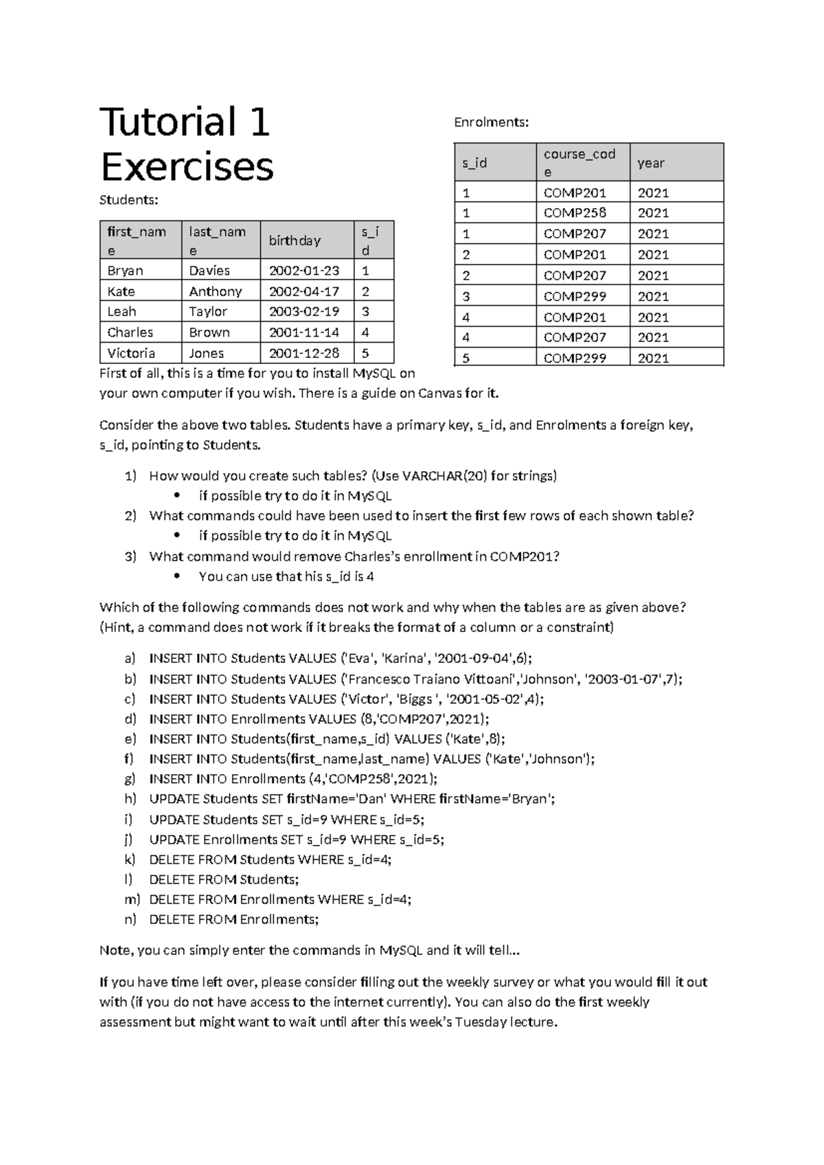 COMP201 Tutorial 1 Exercises: MySQL Table Creation & Commands - Studocu