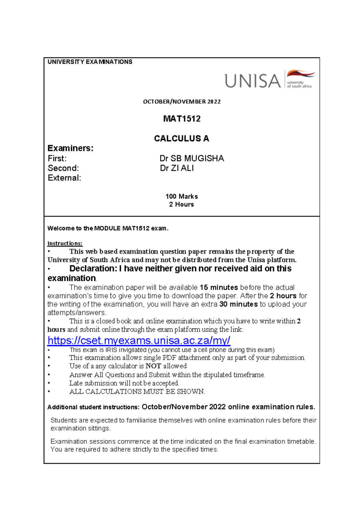MAT1512 Final Exam: Calculus A Past Paper (Oct-Nov 2022) - Studocu