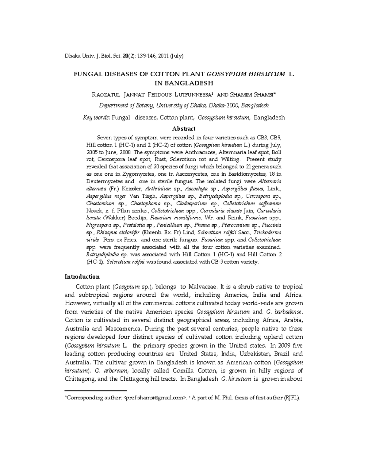 Fungal Diseases of Cotton Plant (Gossypium hirsutum L.) in Bangladesh ...