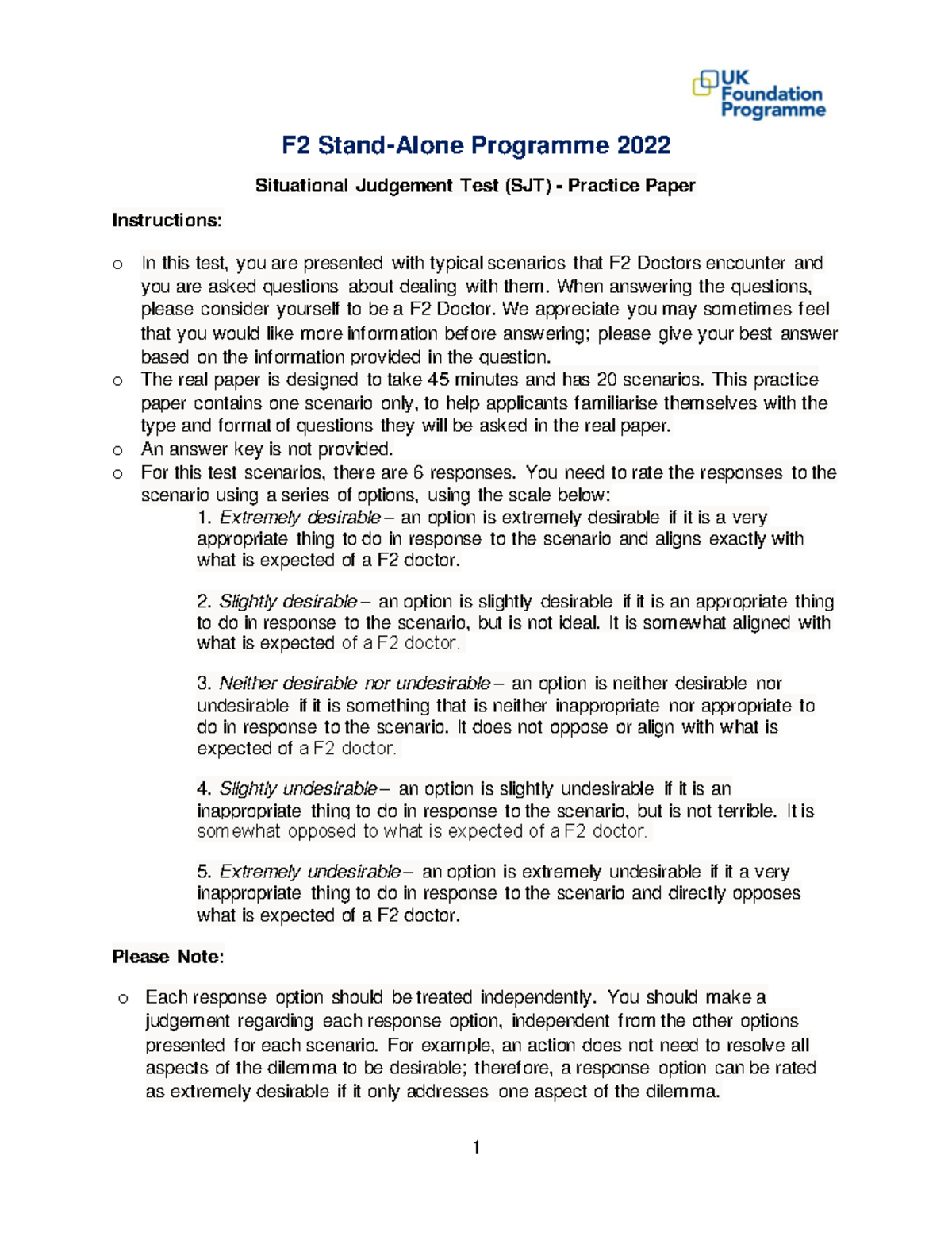 F2 Programme 2022 Situational Judgement Test (SJT) Practice Paper - Studocu